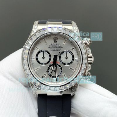 FH Factory Swiss Copy Rolex Cosmo Daytona 4131 Gain Weight Watch Grey Dial with Baguettes 
